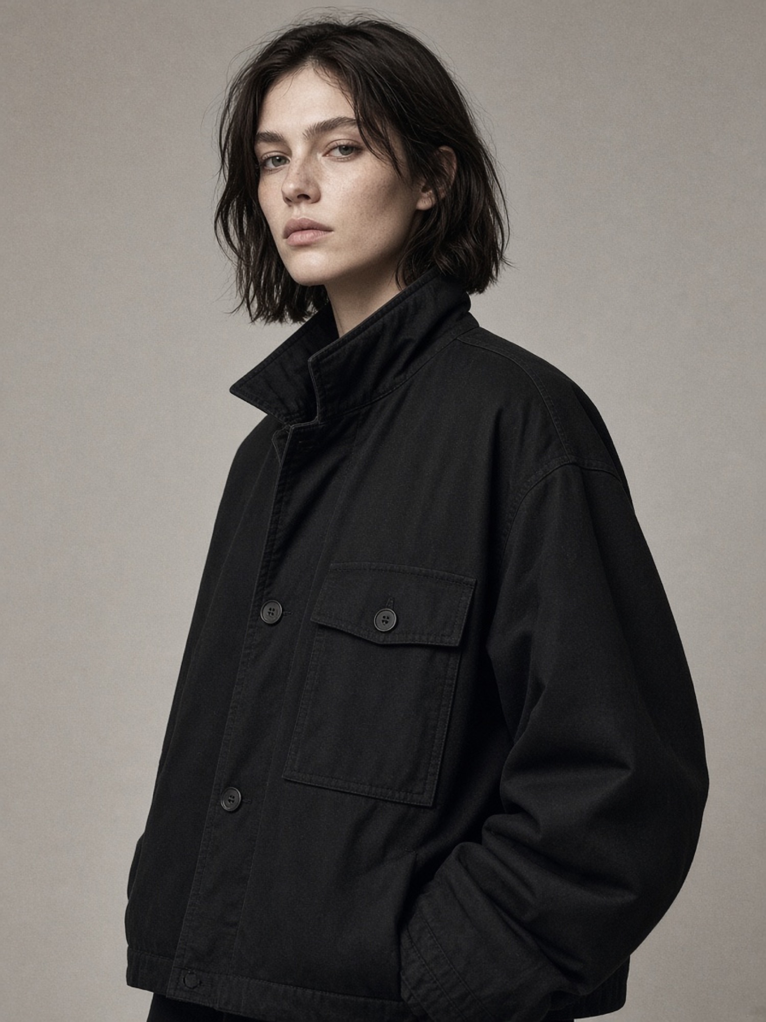 Model in a boxy black work jacket